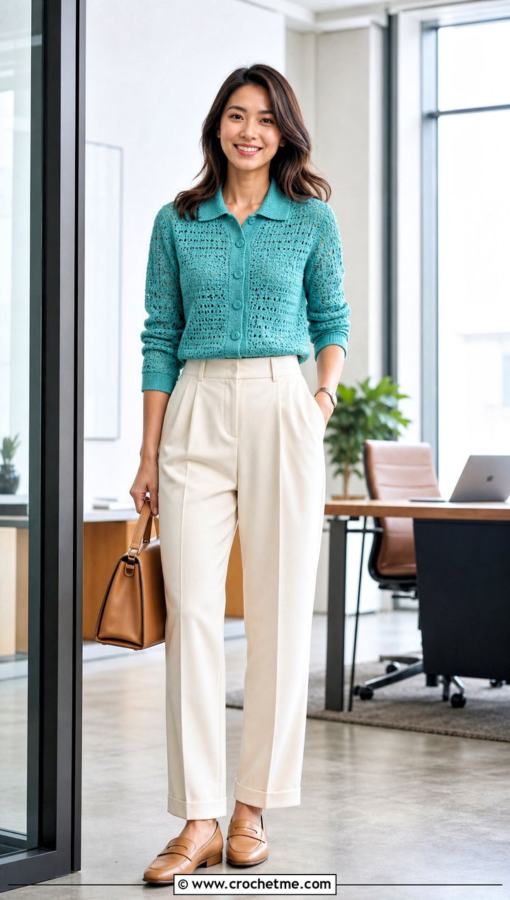Collared Crochet Cardigan With Pleated Trousers - 25 Autumn Crochet Cardigan outfit ideas