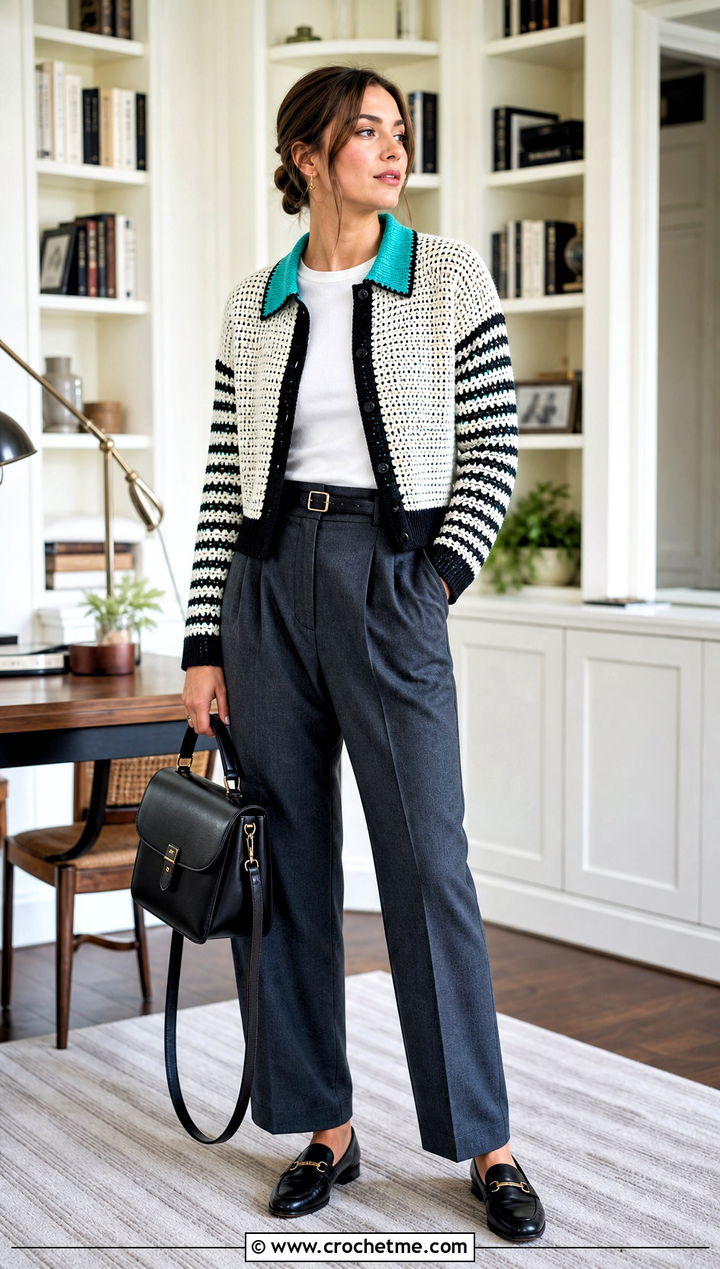 Collared Crochet Cardigan With Pleated Trousers - 25 Black White Crochet Cardigan outfit ideas