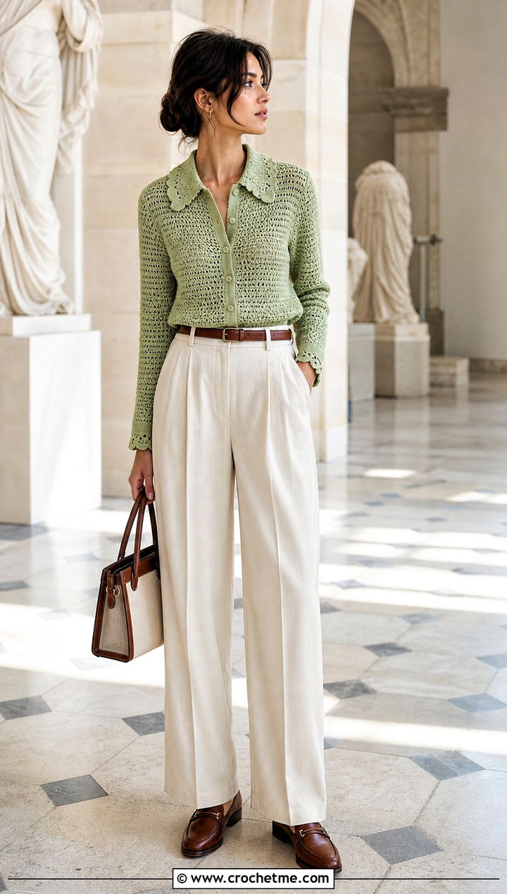 Collared Crochet Cardigan With Pleated Trousers - 15 classic crochet cardigan outfit ideas