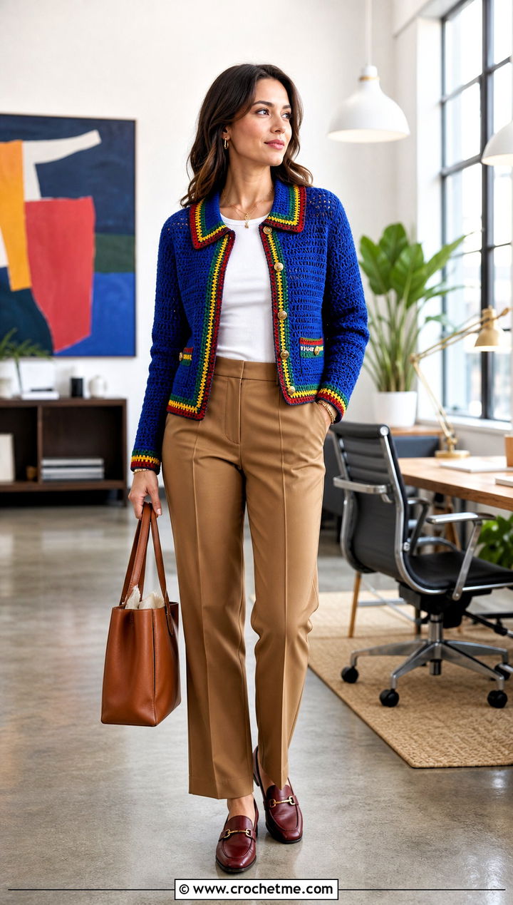 Collared Crochet Cardigan With Tailored Trousers - 25 Crochet Colourful Cardigan outfit ideas