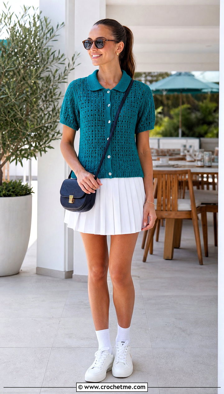 Collared Crochet Cardigan With Tennis Skirt - 15 Mid Summer Crochet Cardigan outfit ideas