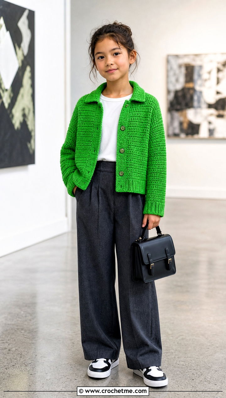 Collared Crochet Cardigan With Wide Leg Trousers - 25 Childs Crochet Cardigan outfit ideas