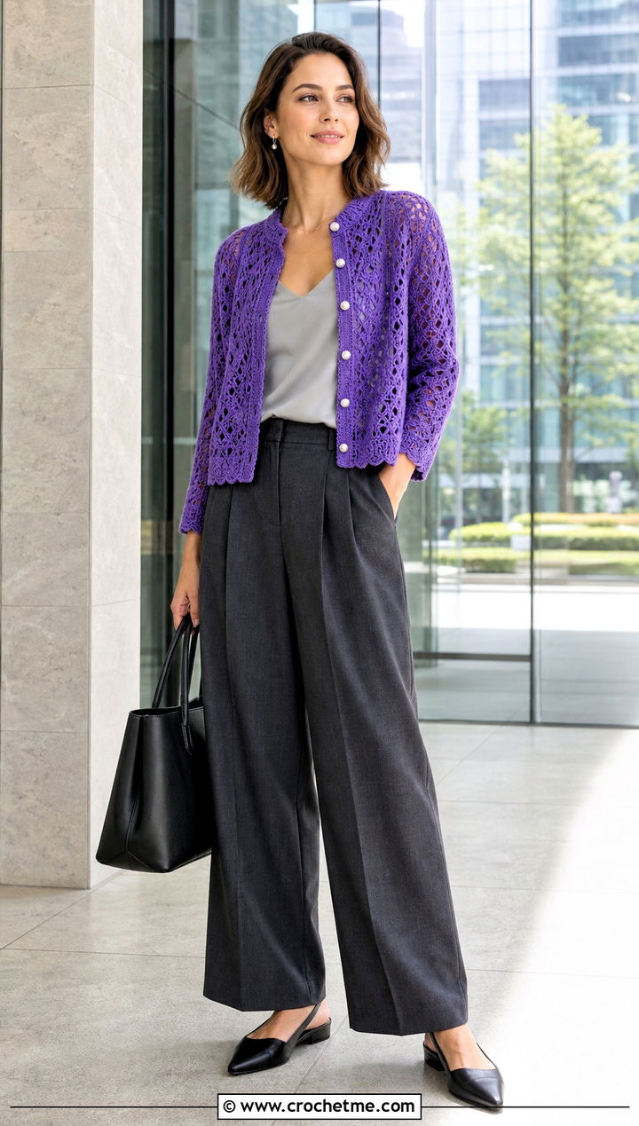 Collared Crochet Cardigan With Wide Leg Trousers - 30 Crochet Lightweight Cardigan outfit ideas