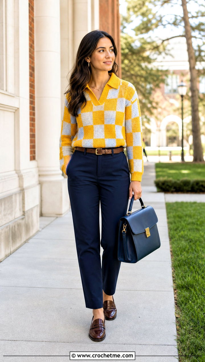 Collared Crochet Checker Sweater With Chino Pants - 25 Crochet Checker Sweater outfit ideas