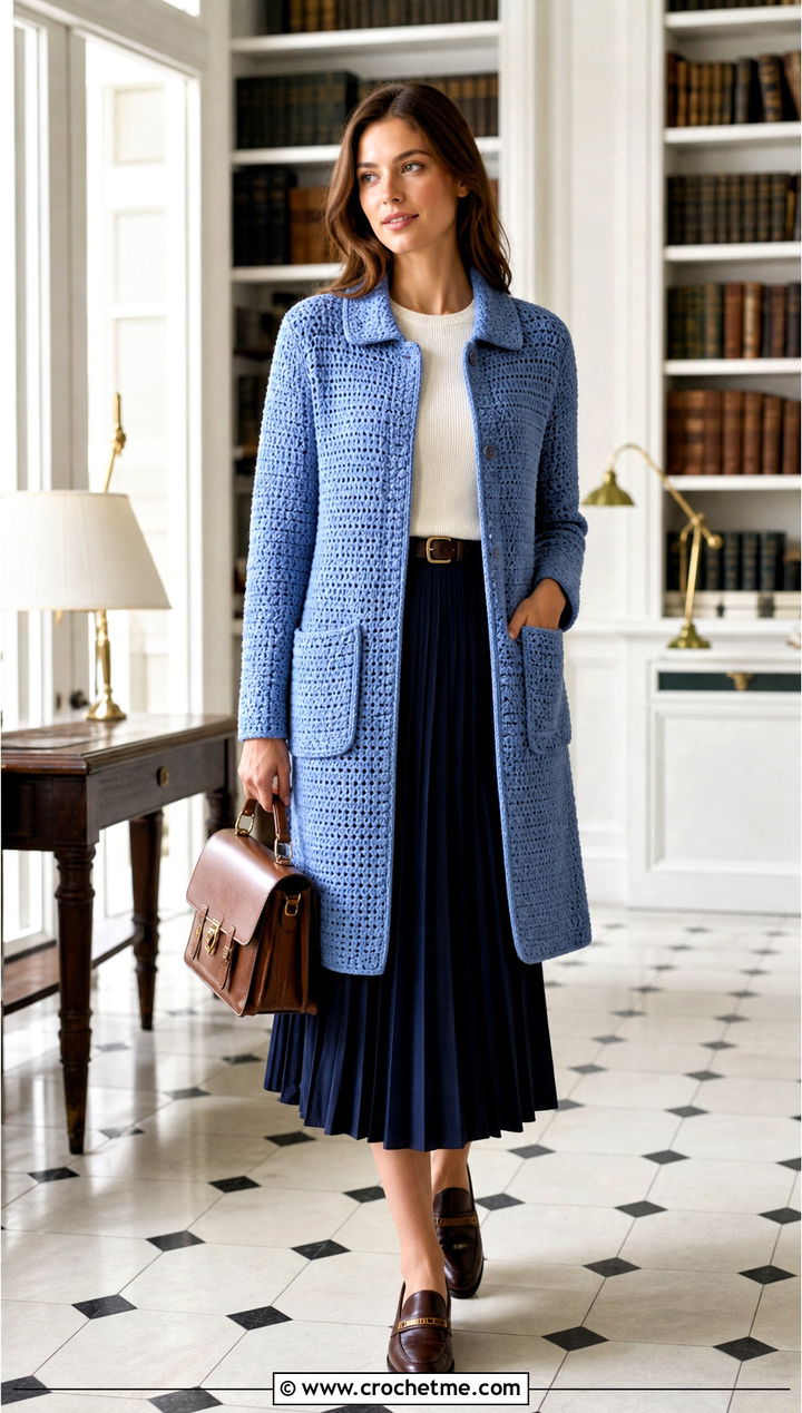Collared Crochet Coat Cardigan With Pleated Skirt - 15 crochet long cardigan with pockets outfit ideas