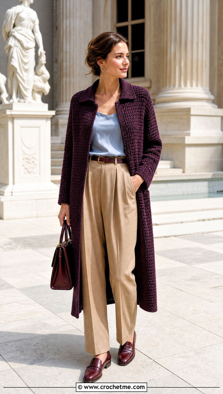 Collared Crochet Coatigan With Pleated Trousers - 35 crochet long sweater outfit ideas