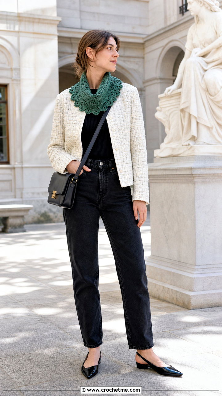 Collared Crochet Cowl With Tweed Jacket - 35 crochet cowls outfit ideas