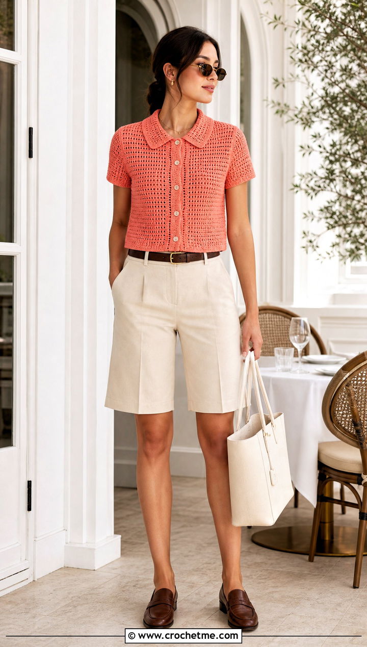 Collared Crochet Crop Cardigan With Bermuda Shorts - 30 crochet crop cardigan outfit ideas