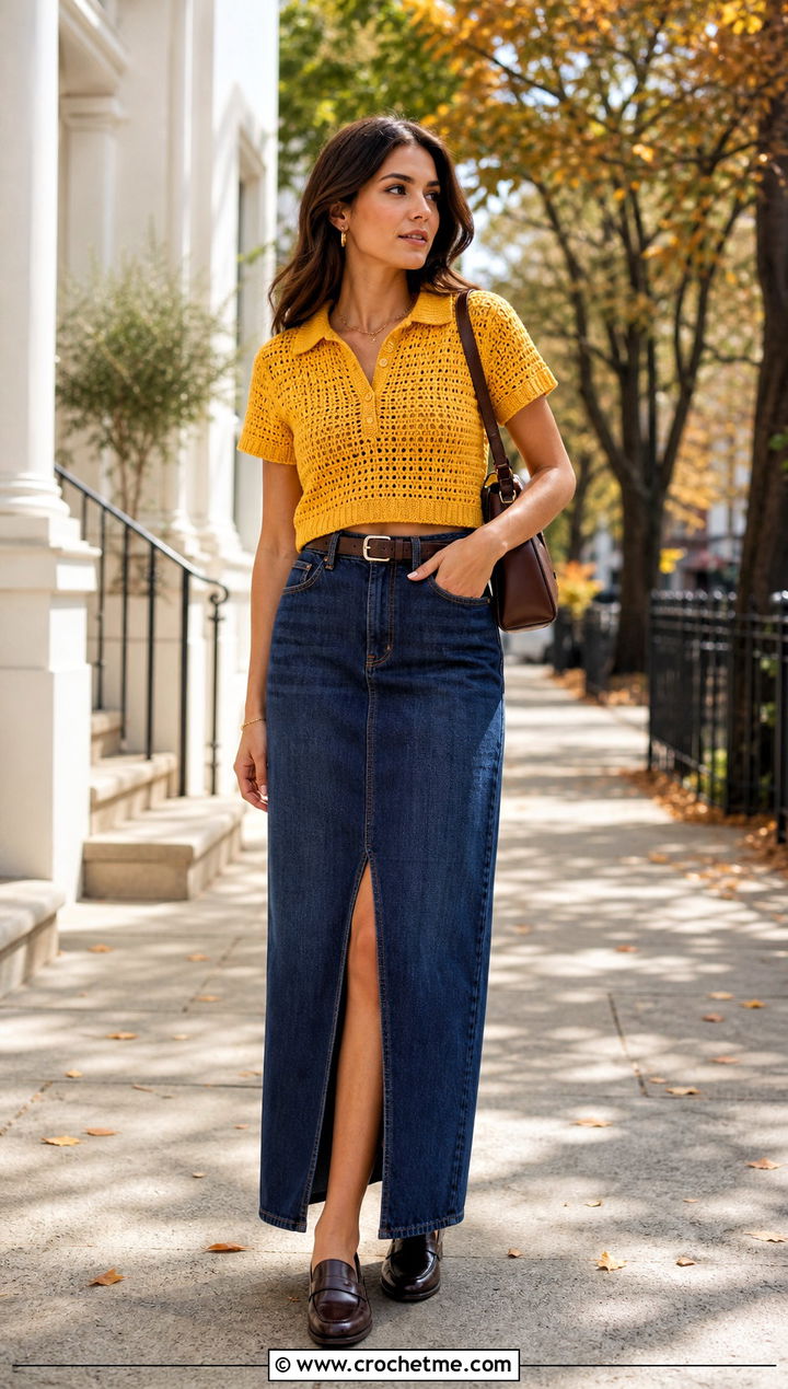 Collared Crochet Crop Top With Denim Maxi Skirt - 30 simple crochet crop top outfit ideas