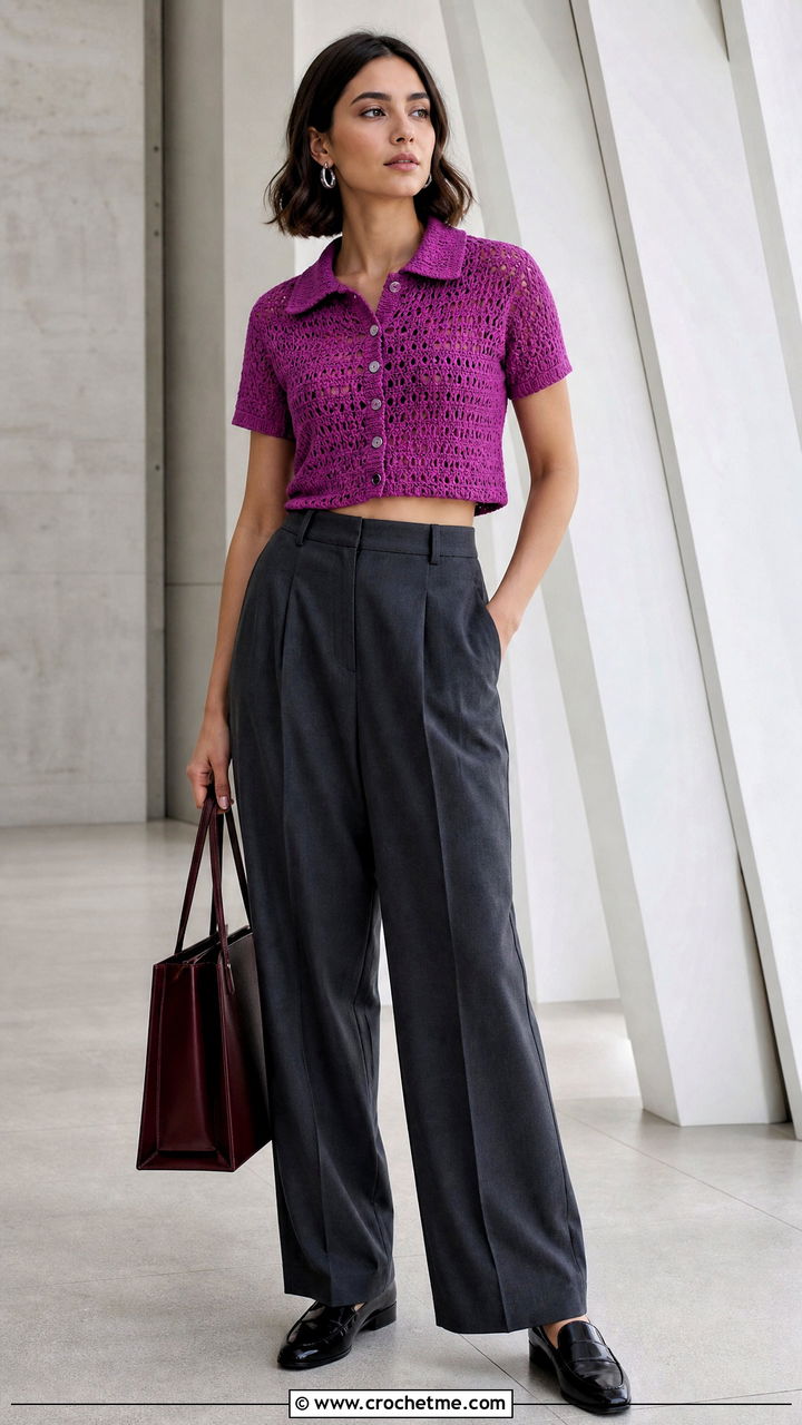 Collared Crochet Crop Top With Pleated Trousers - 35 crochet crop top outfits ideas