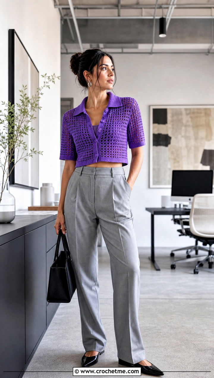Collared Crochet Cropped Shirt With Tailored Trousers - 30 crochet cropped shirt outfit ideas