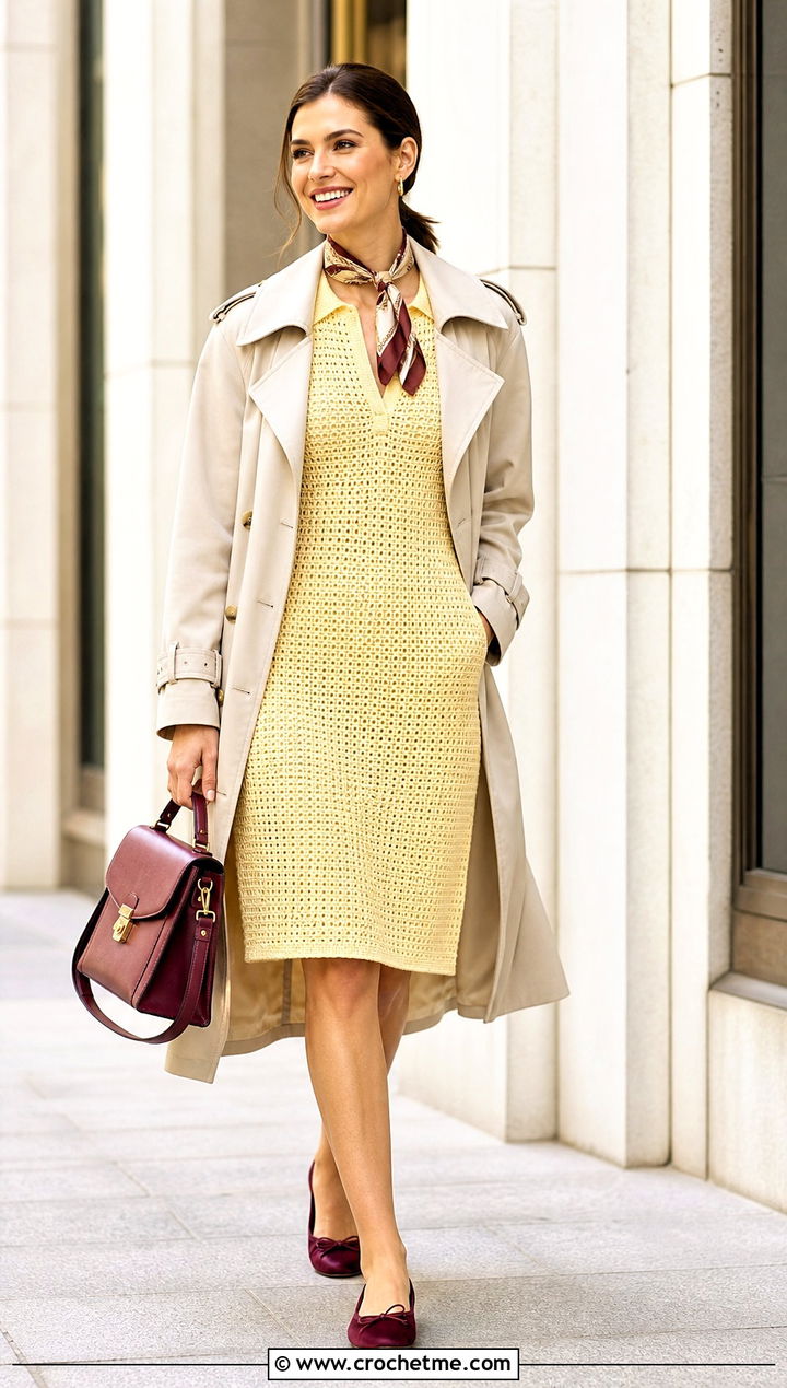 Collared Crochet Dress With Trench Coat - 35 Crocheting Dress outfit ideas