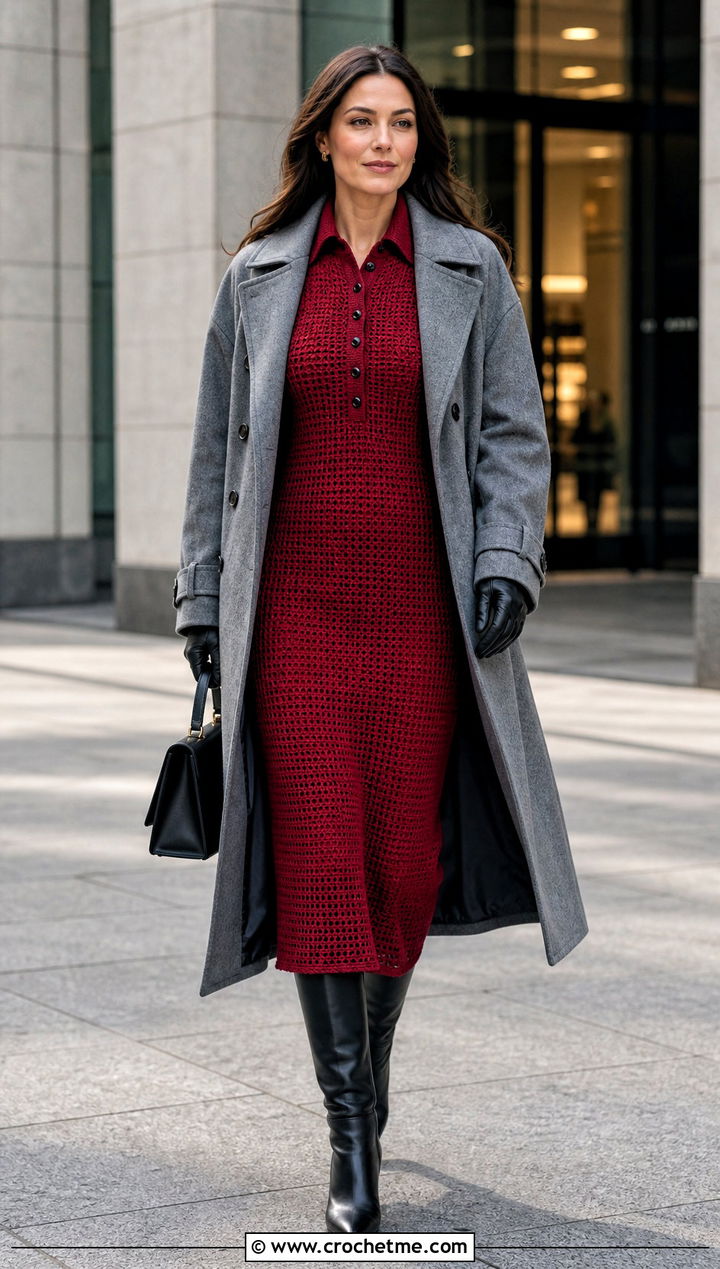 Collared Crochet Dress With Trench Coat - 30 crochet dress for winter outfit ideas