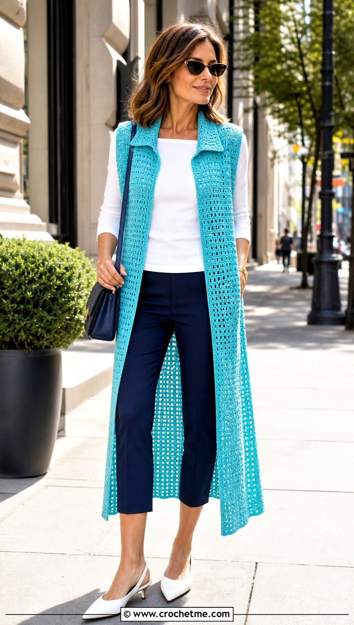 Collared Crochet Duster Vest With Capri Pants - 20 crochet duster vest outfit ideas