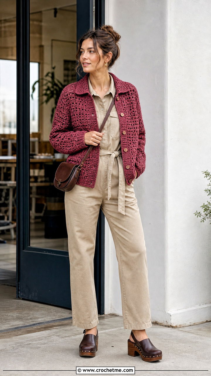 Collared Crochet Fall Cardigan With Utility Jumpsuit - 35 crochet fall cardigan outfit ideas