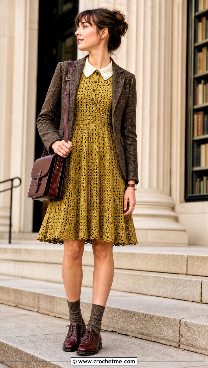 Collared Crochet Frock With Brogues - 35 crochet frock outfit ideas