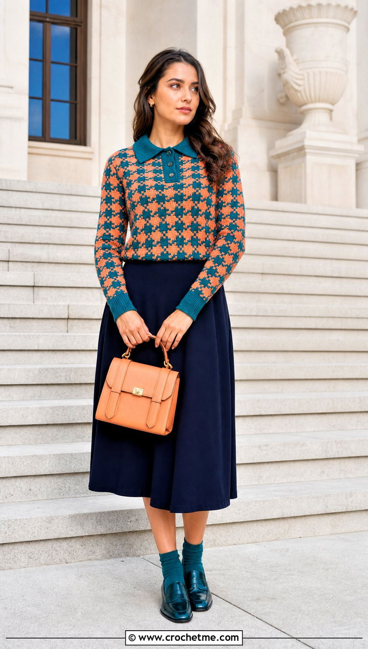 Collared Crochet Houndstooth Sweater With A Line Skirt - 35 crochet houndstooth sweater outfit ideas