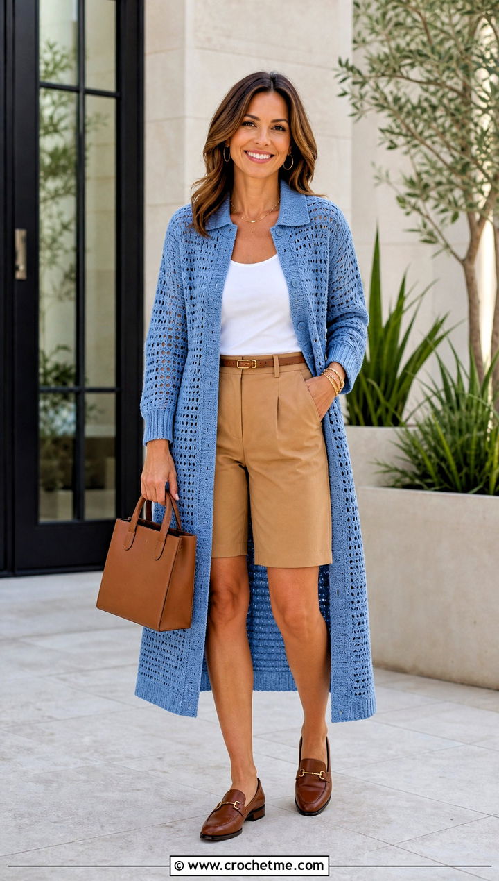 Collared Crochet Long Cardigan With Tailored Shorts - 20 Easy Crochet Long Cardigan outfit ideas