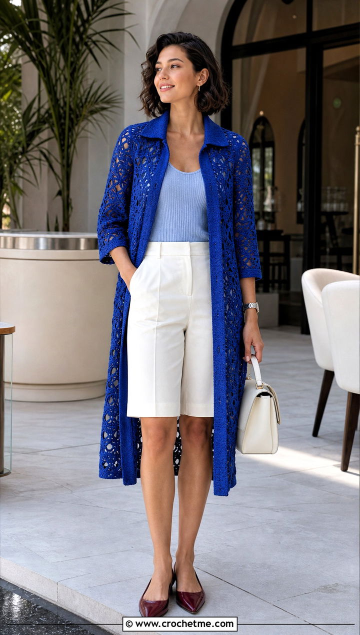 Collared Crochet Long Jacket With Tailored Shorts - 35 crochet long jacket outfit ideas