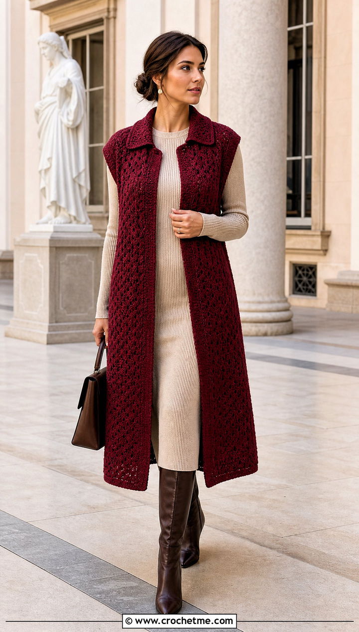 Collared Crochet Long Vest With A Knit Dress - 25 Easy Crochet Long Vest outfit ideas