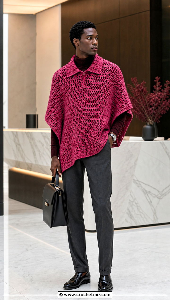 Collared Crochet Mens Poncho With Monochrome Tailoring - 25 crochet men's poncho outfit ideas