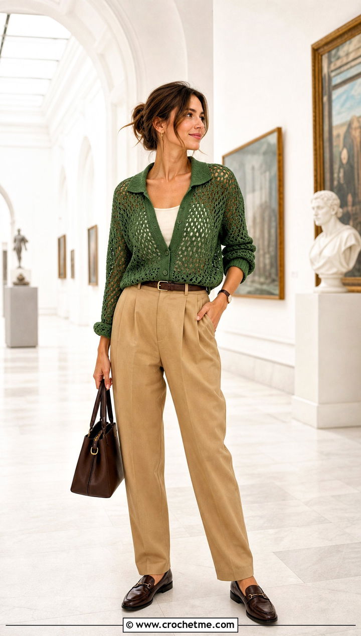 Collared Crochet Mesh Cardigan With Pleated Trousers - 35 crochet mesh cardigan outfit ideas