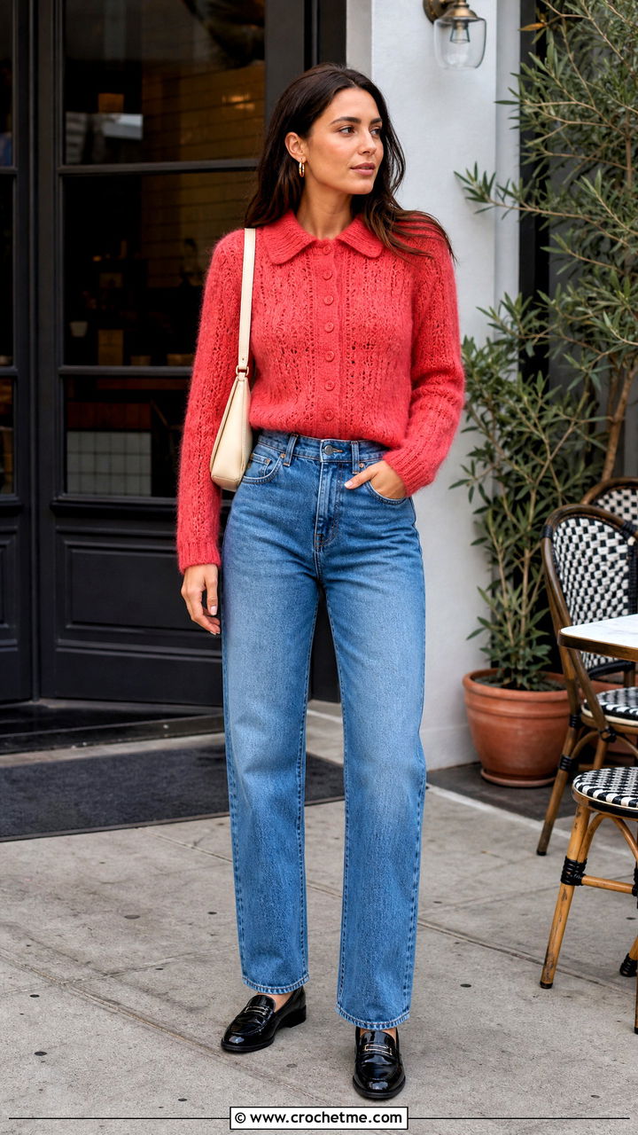 Collared Crochet Mohair Cardigan With Straight Jeans - 35 crochet mohair cardigan outfit ideas