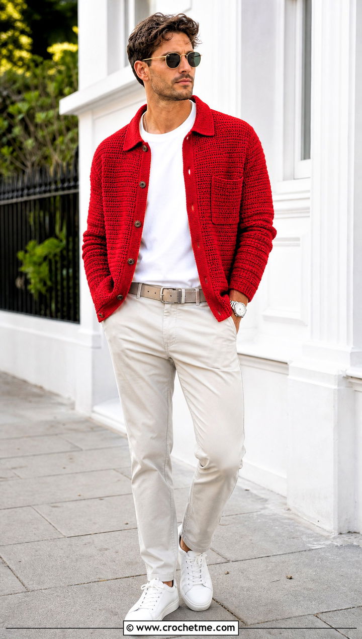 Collared Crochet Overshirt Jacket With Chinos - 15 Crochet Mens Jacket outfit ideas