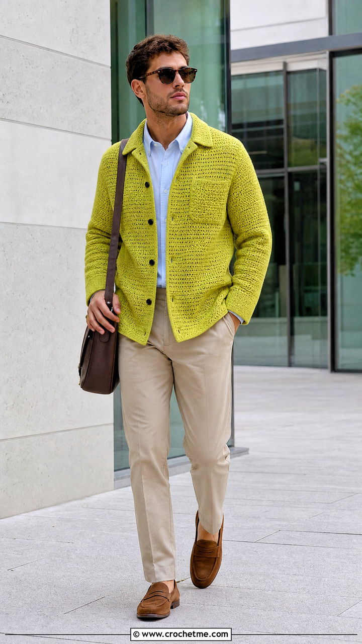Collared Crochet Overshirt Jacket With Chinos - 35 crochet jacket for men outfit ideas
