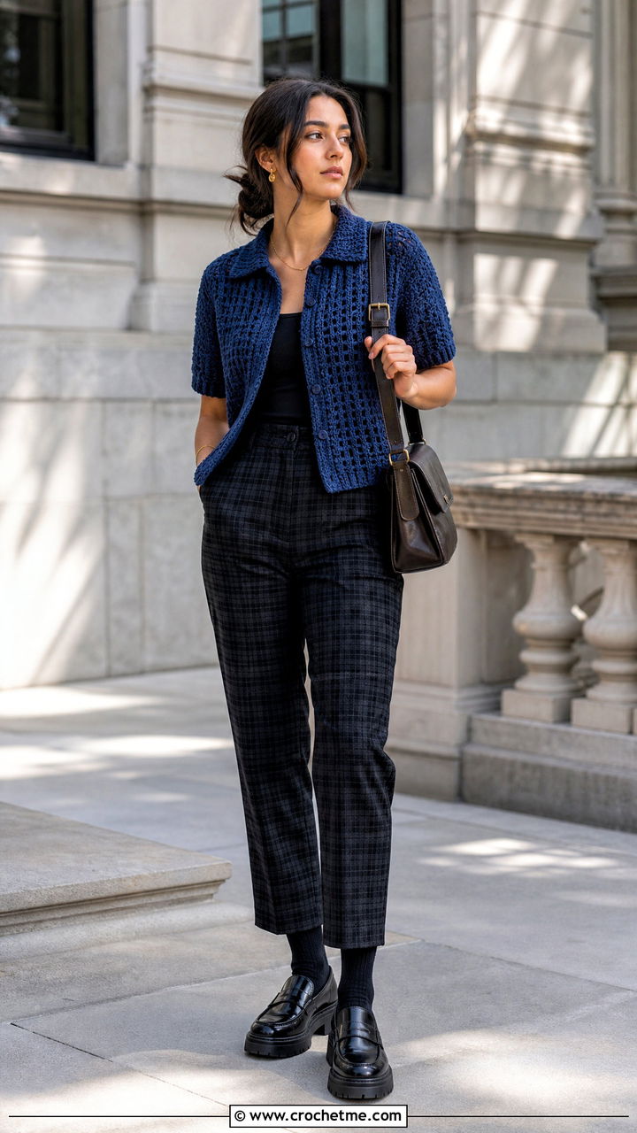 Collared Crochet Polo Top With Plaid Pants - 35 goth crochet top outfit ideas