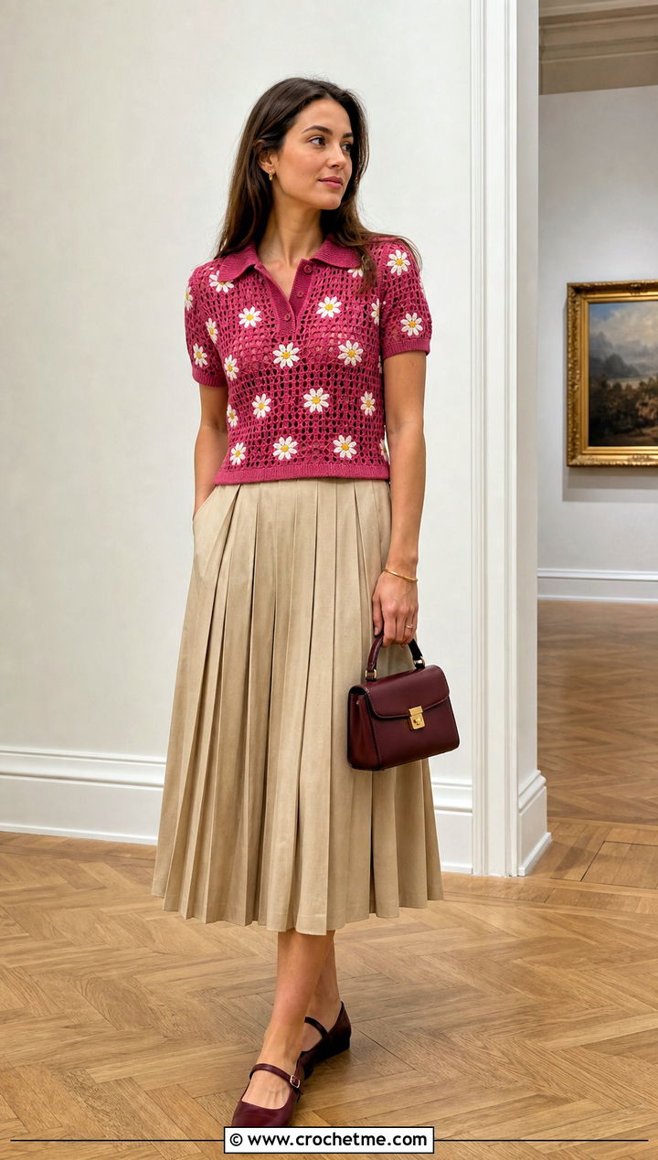 Collared Crochet Polo Top With Pleated Skirt - 25 Daisy Jones Crochet Top outfit ideas