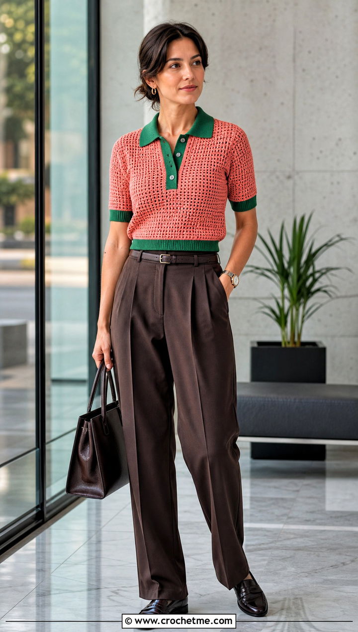 Collared Crochet Polo Top With Pleated Trousers - 30 pink and green crochet top outfit ideas