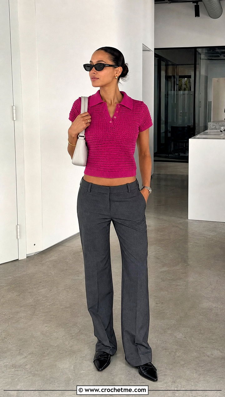 Collared Crochet Polo Top With Tailored Trousers - 20 Crochet Top Y2K Outfit ideas