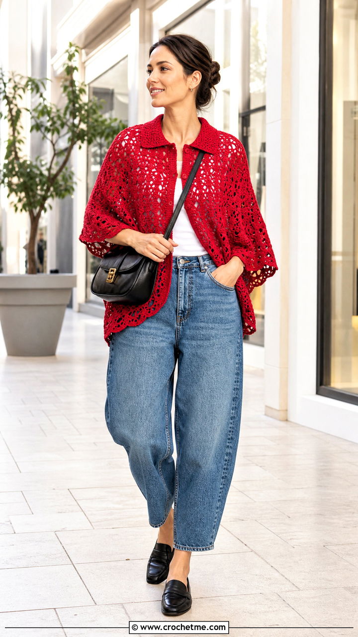 Collared Crochet Poncho With Barrel Jeans - 35 easy crochet poncho outfit ideas