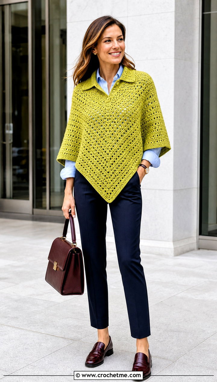 Collared Crochet Poncho With Button Down Shirt - 15 Crochet For Ponchos For Women outfit ideas
