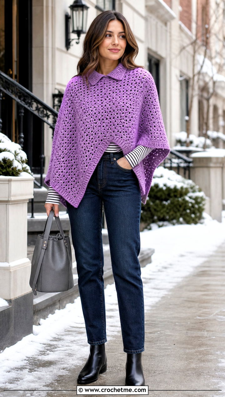 Collared Crochet Poncho With Dark Wash Denim - 30 woman winter crochet poncho outfit ideas