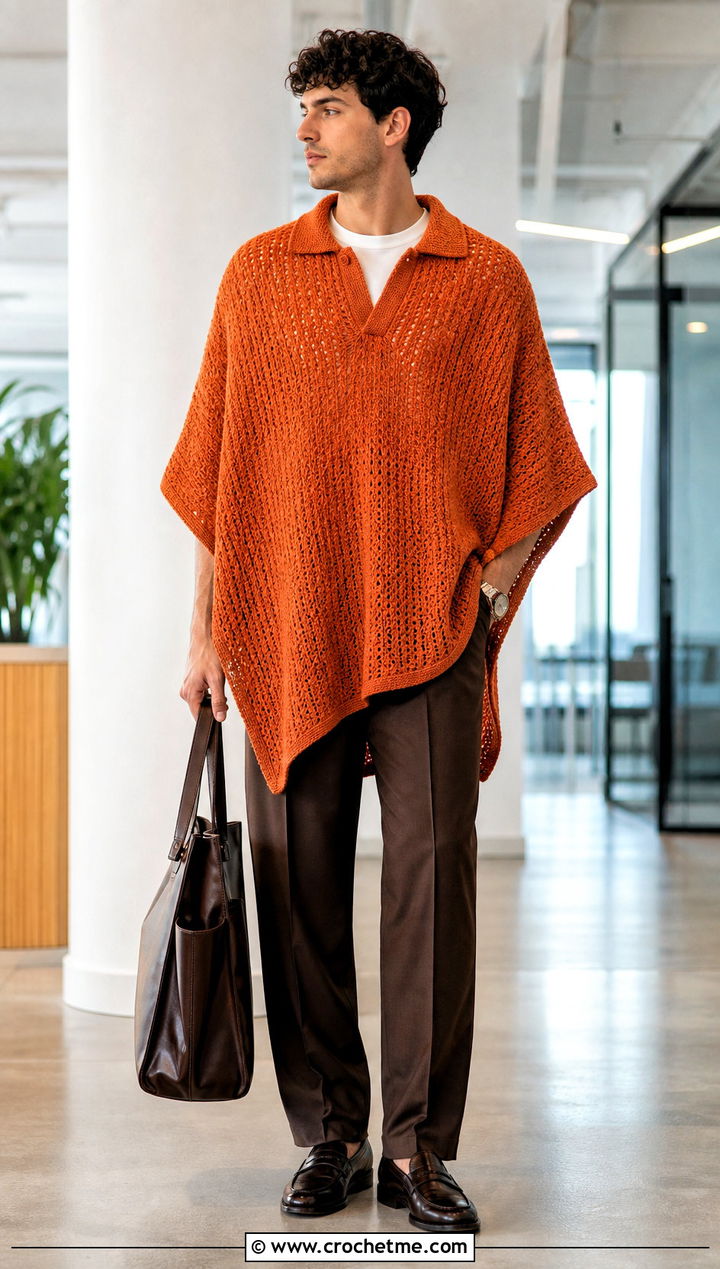 Collared Crochet Poncho With Office Trousers - 25 mens crochet poncho outfit ideas
