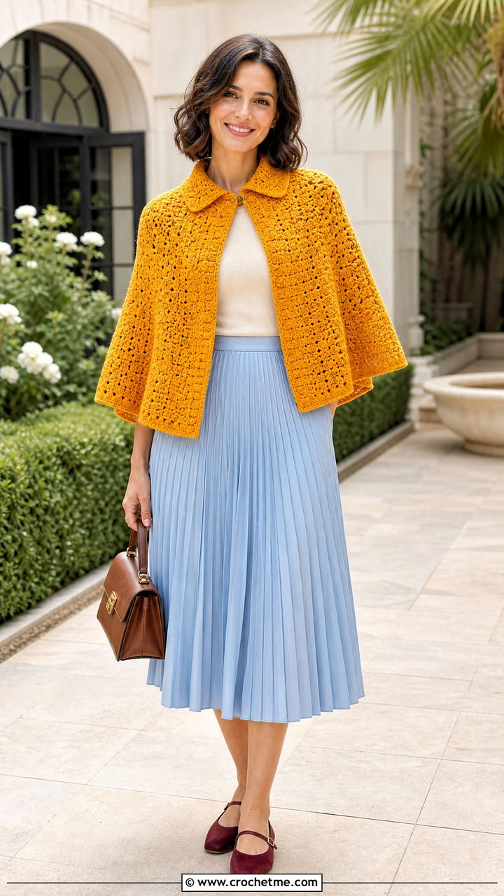 Collared Crochet Poncho With Pleated Midi Skirt - 35 crochet ponchos outfit ideas