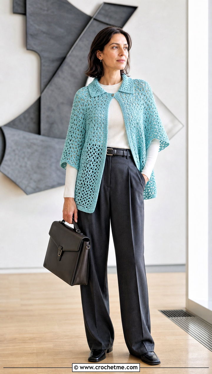 Collared Crochet Poncho With Pleated Trousers - 15 Crocheted Poncho outfit ideas