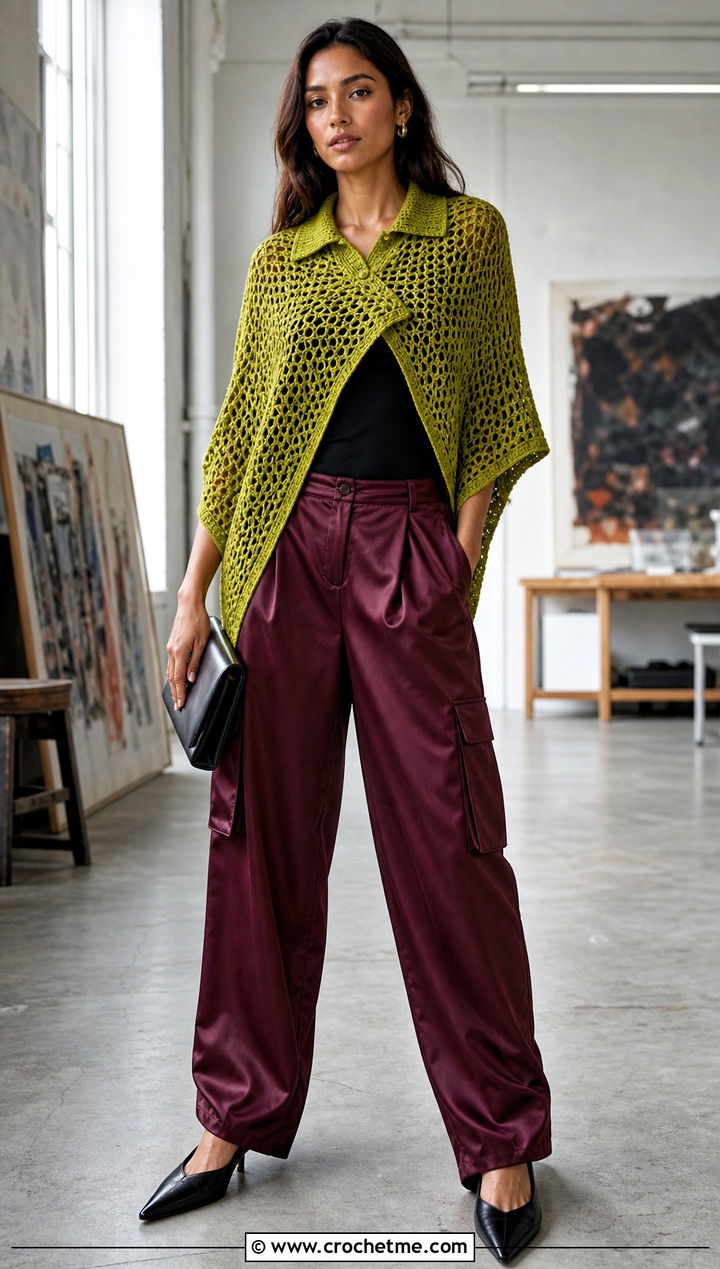 Collared Crochet Poncho With Satin Cargo Pants - 15 Modern Crochet Poncho outfit ideas