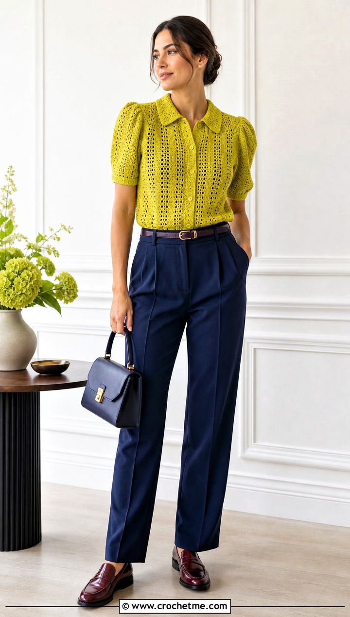 Collared Crochet Puff Sleeve Top With Pleated Pants - 35 crochet puff sleeve top outfit ideas