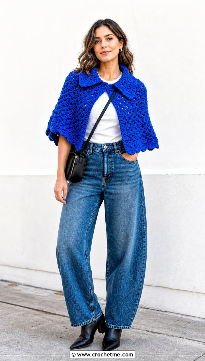 Collared Crochet Shawl With Barrel Leg Jeans - 30 winter crochet shawl outfit ideas