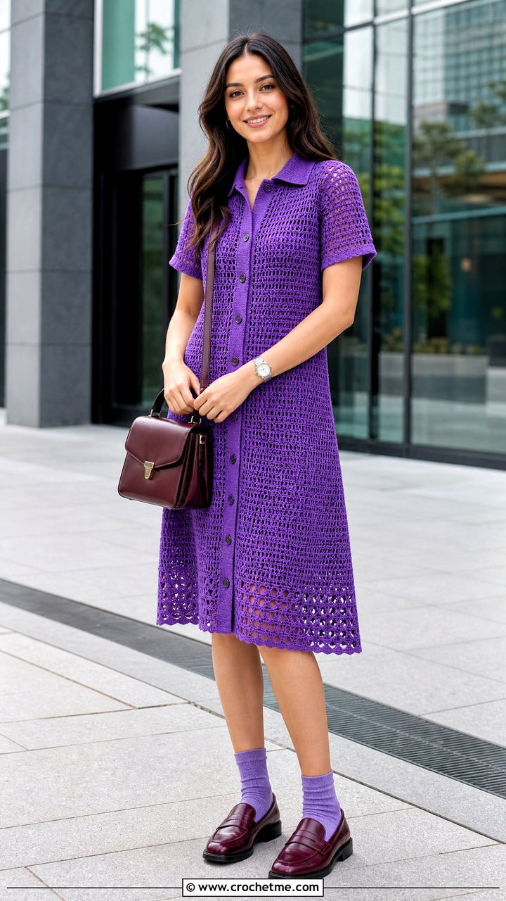 Collared Crochet Shirt Frock With Loafers - 35 Crochet Frocks For Women outfit ideas