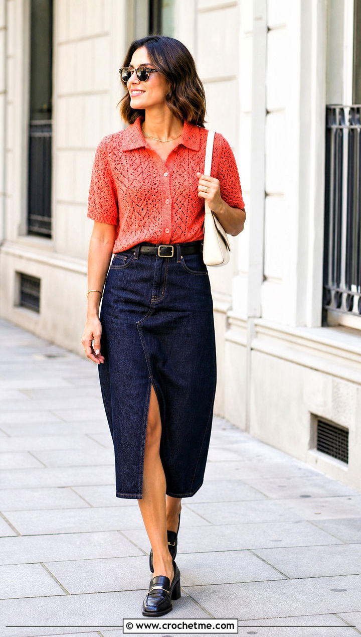 Collared Crochet Shirt Top With Denim Midi Skirt - 25 designer crochet top outfit ideas