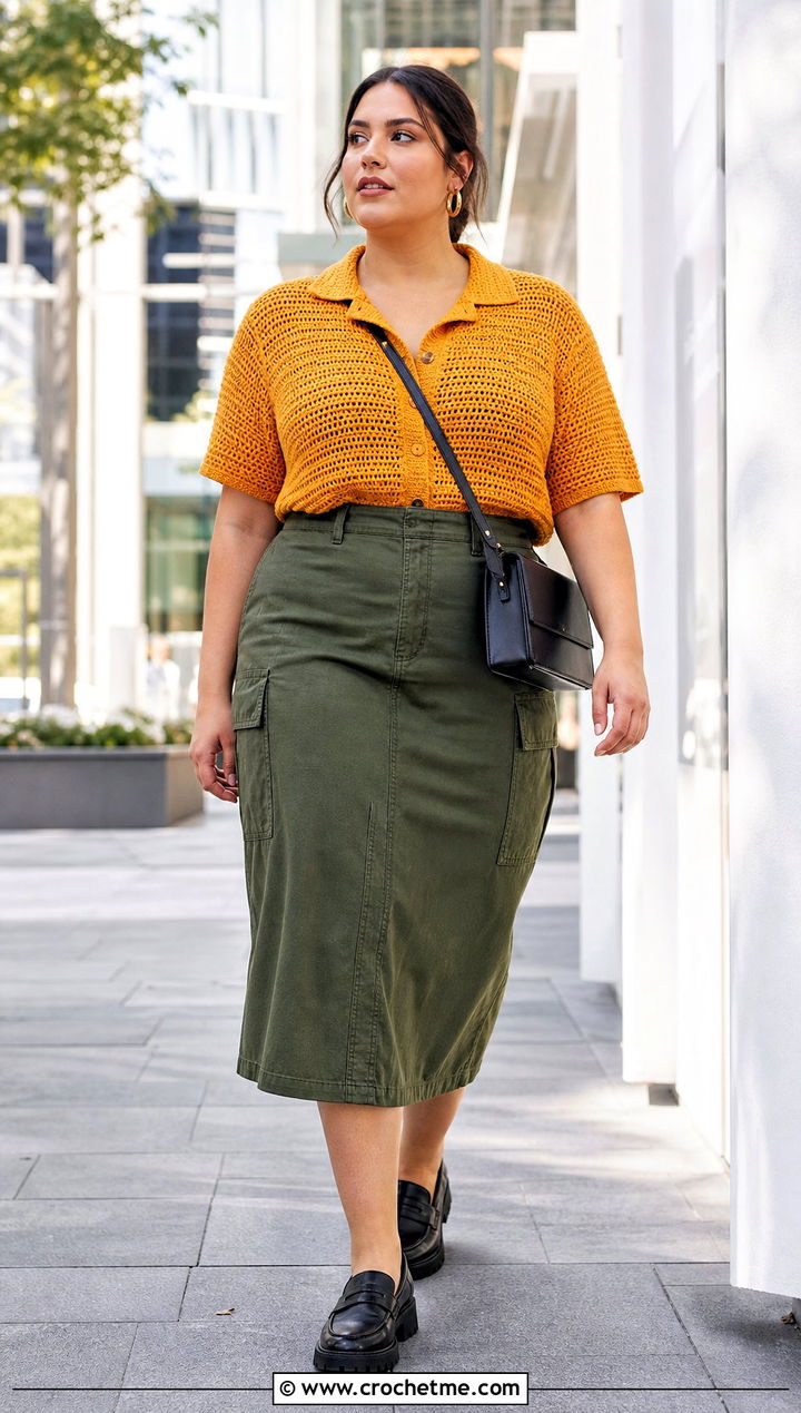 Collared Crochet Shirt Top With Utility Skirt - 25 Xxl Crochet Top outfit ideas
