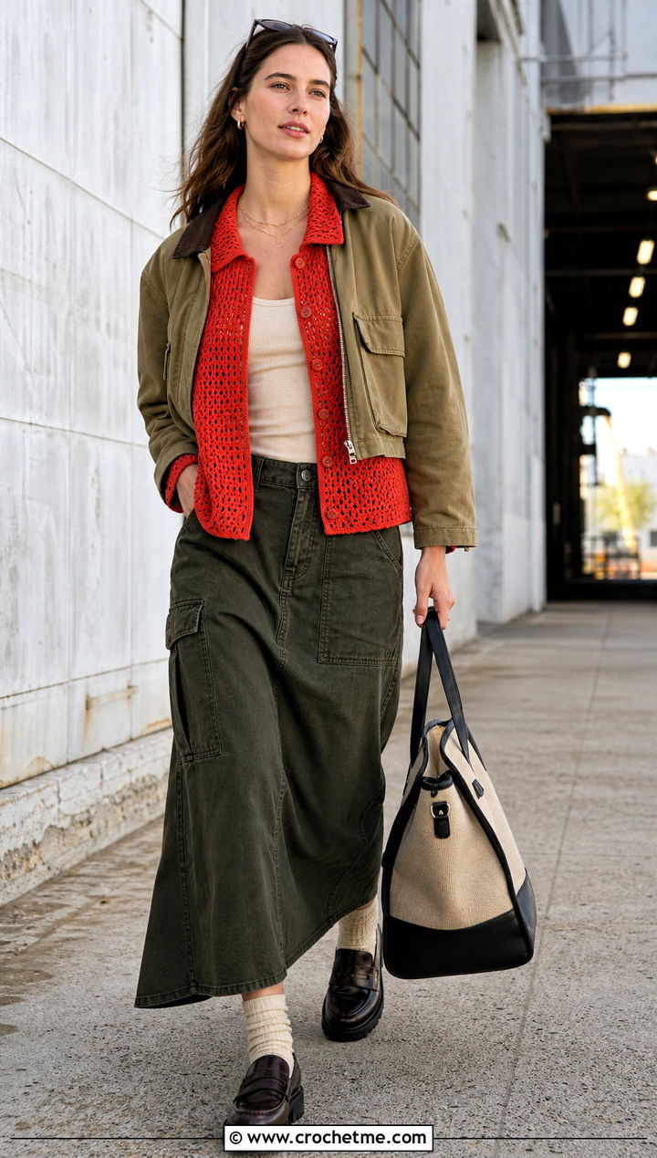 Collared Crochet Shirt Top With Utility Skirt - 25 Crochet Tops For Fall outfit ideas