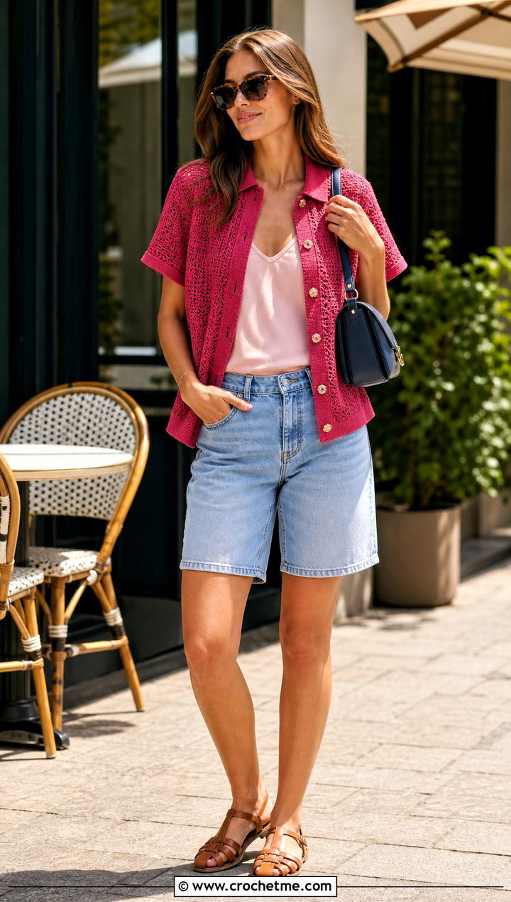 Collared Crochet Shirt With Denim Shorts - 35 crochet simple top outfit ideas