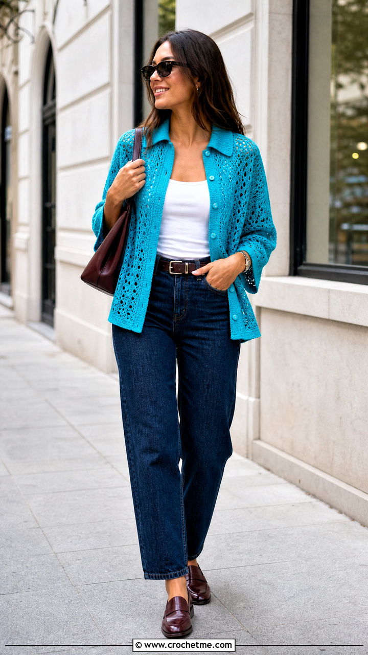 Collared Crochet Shirt With Straight Leg Jeans - 35 aesthetic crochet top outfit ideas