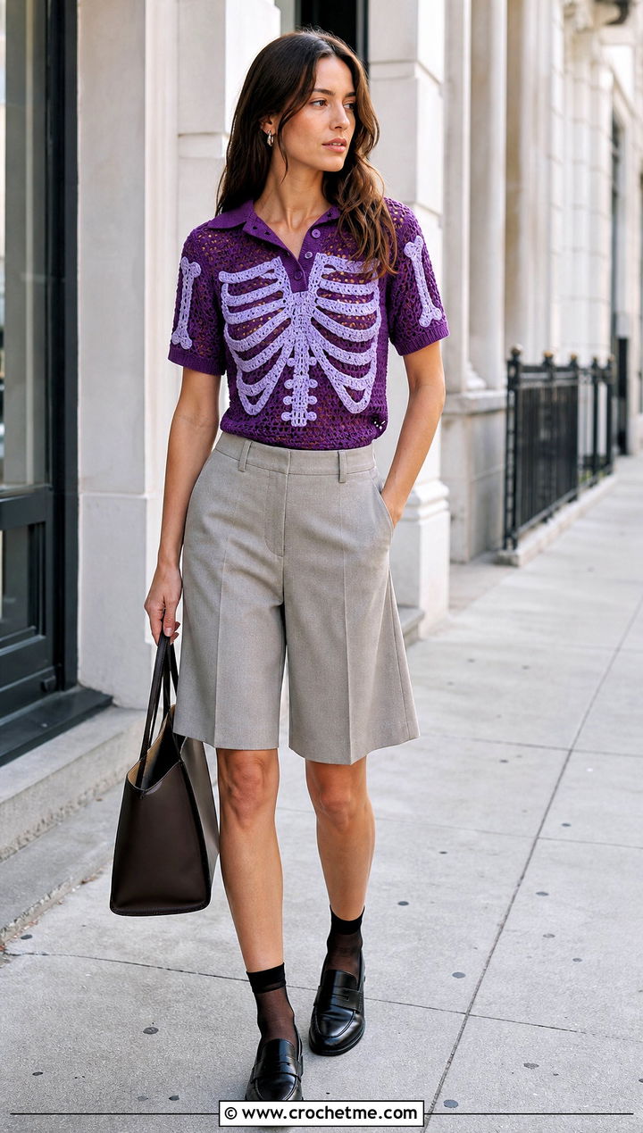 Collared Crochet Skeleton Top With Bermuda Shorts - 35 crochet skeleton top outfit ideas