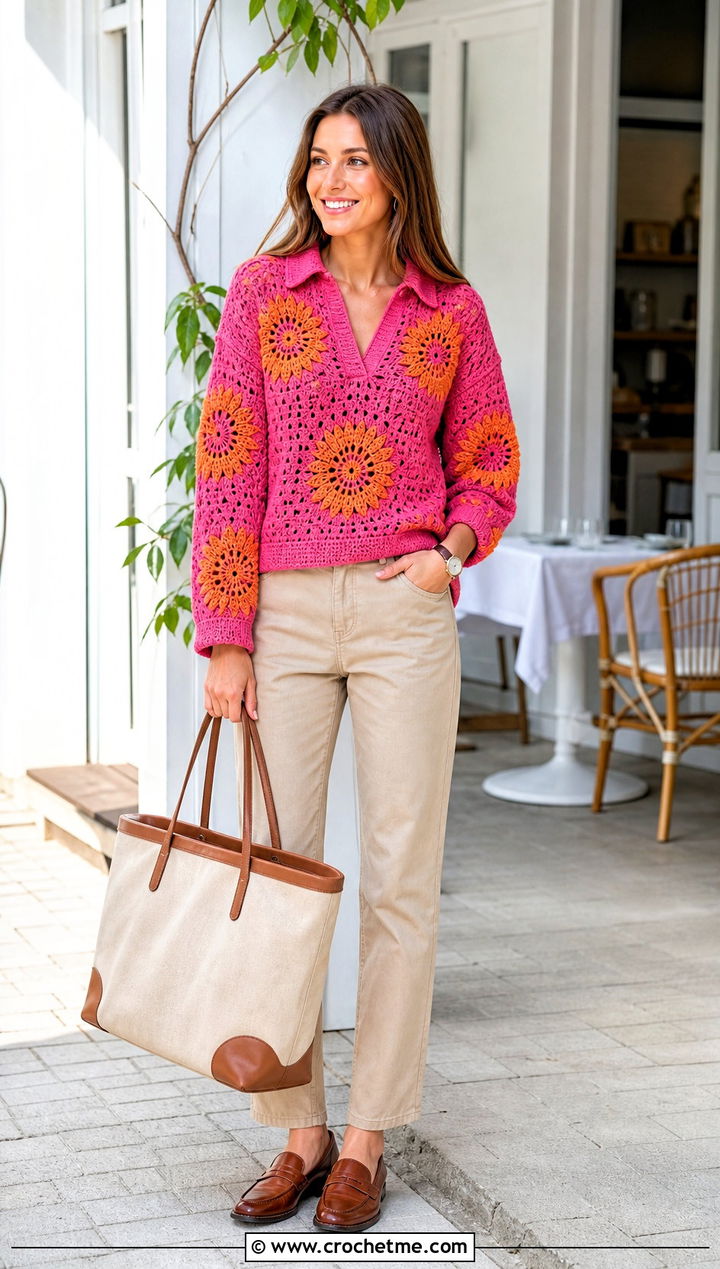 Collared Crochet Sunflower Sweater With Chino Pants - 35 crochet sunflower sweater outfit ideas